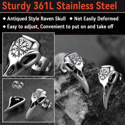 Miniatura 6 de FaithHeart Viking Raven Earrings for Men Sturdy Stainless Steel Punk Rock Earrings Lightweight Hypoallergenic Ear Jewelry with Gift Box