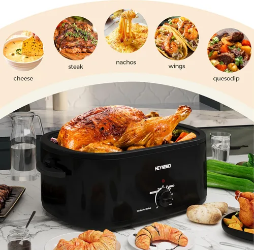 Miniatura 2 de Horno rostizador eléctrico, con tapa visible y autohumectante, grande, con descongelado y mantenimiento de calor, temperatura ajustable, bandeja