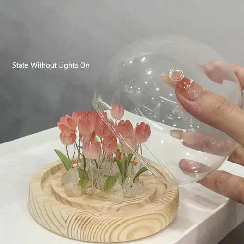Miniatura 7 de Luz nocturna de tulipanes de bola de cristal, lámpara de noche de flores de bola de vidrio con base de madera, regalos de tulipanes para mujeres