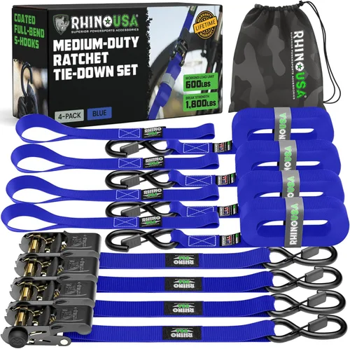 Miniatura 11 de Rhino USA - Correas de trinquete de amarre (4), 1 pulgada x 15 pies (resistencia 1823 libras), con ganchos en S de seguridad, alta calidad para Negro