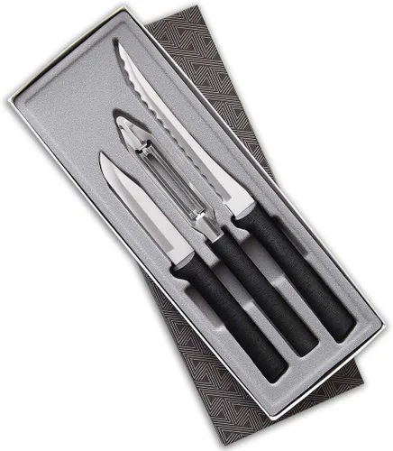 Rada Cutlery - Juego de cuchillos de regalo para pelar, cortar y rebanar de 3 piezas (G218), hojas huecas de acero inoxidable, mangos negros,