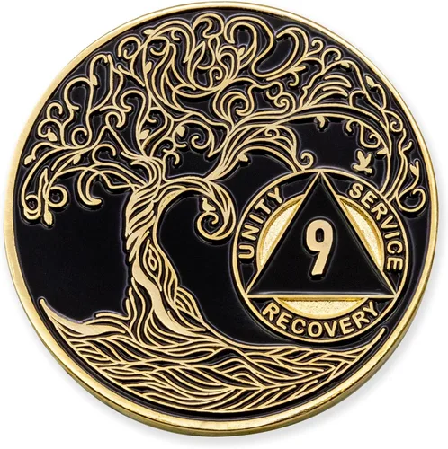 Miniatura 254 de 20 Year Sobriety Mint Twisted Tree of Life - Medallón de recuperación AA chapado en oro, fichas y fichas, color negro
