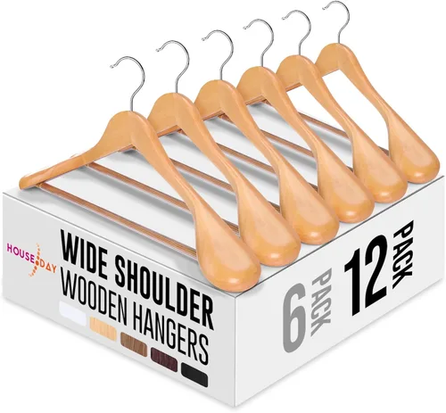 Miniatura 10 de HOUSE DAY Perchas de madera maciza de alta calidad para mujer, perchas de madera de hombro ancho, perchas para trajes con barra antideslizante