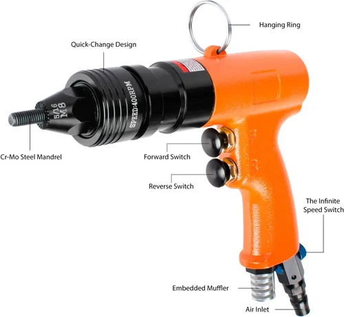 Miniatura 4 de Kit de herramientas de tuerca remachadora neumática métrica, pistola de remache de aire con mandriles M6, M8 y M10