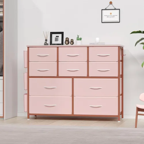 Miniatura 2 de Jojoka Cómoda para dormitorio, cajón de almacenamiento de tela con 10 cajones, aparadores y cómoda con bolsillos laterales, ganchos, mesa de madera