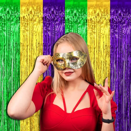 Miniatura 7 de Paquete de 4 Cortinas de Flecos de Papel de Aluminio para Telón de Fondo Mardi Gras, 3.28 pies x 8.2 pies Dorado Verde Morado Serpentinas de Flecos