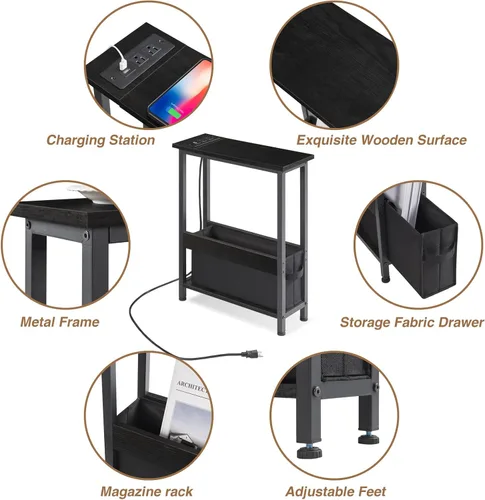 Miniatura 7 de BAMGROW Mesa auxiliar de carga delgada con almacenamiento, para espacios pequeños y dormitorio (negro)