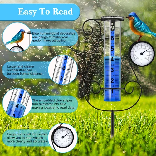 Miniatura 3 de Pluviómetro para exterior, pluviómetro digital de gran tamaño y color con colibrí metálico y termómetro & higrómetro, altura ajustable, gran Aves