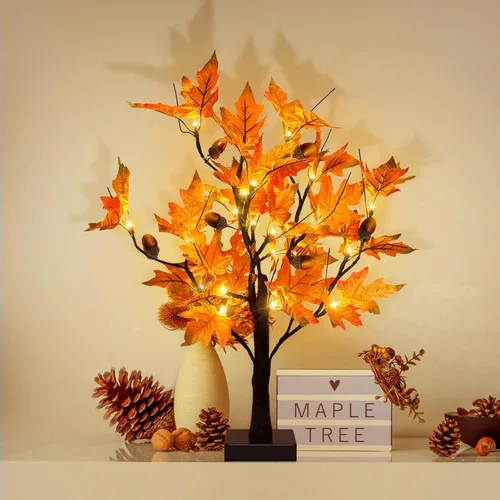 S-Union Árbol de arce iluminado por LED de 24 pulgadas con 6 bellotas para decoraciones de Acción de Gracias Árbol de arce de 24 LED y 6 bellotas
