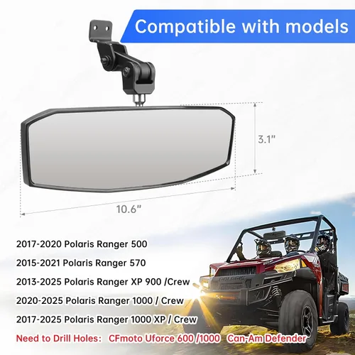 Miniatura 2 de SHEJISI Espejo retrovisor UTV, espejo retrovisor para Polaris Ranger compatible con Polaris Ranger 500 570 900 XP 1000XP / Crew, posición ajustable