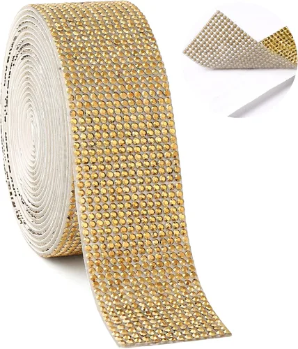 Miniatura 25 de Berenlu Cinta autoadhesiva de diamantes de imitación de cristal, calcomanía decorativa dorada con diamantes de imitación de 0.079 pulgadas, Dorado