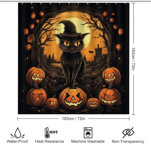 Miniatura 2 de Juego de 4 cortinas de ducha de Halloween, gato negro, luna llena, calabaza aterradora, cortina de ducha y alfombras, juego de cortina de ducha