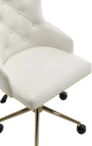 Miniatura 8 de BTEXPERT Silla de oficina en casa con base dorada de piel sintética blanca, ajustable, tapizado de uñas dorado, tapicería, dormitorio, estudio