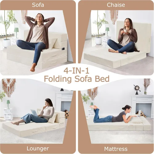 Miniatura 4 de Sofá Cama Individual Plegable Silla Sofá Cama con Almohada, Twin, Beige Cama de silla plegable