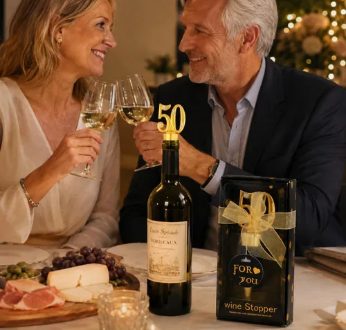 Miniatura 8 de Paquete de 24 recuerdos de fiesta de cumpleaños 50 para invitados, tapones para botellas de vino de 50 años con caja de regalo, tapones de vino