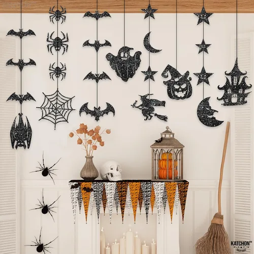 Miniatura 8 de KatchOn, Guirnalda de Halloween negra con purpurina, enorme, paquete de 10 unidades, guirnalda de decoración de fiesta de Halloween con recortes