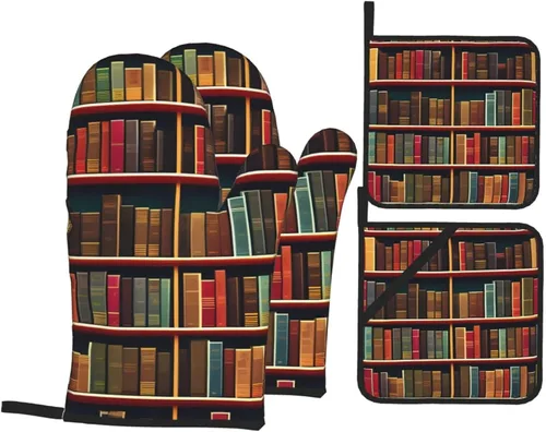 Library - Juego de guantes y salvamanteles antideslizantes y aislamiento térmico, impermeable, para hornear a la parrilla