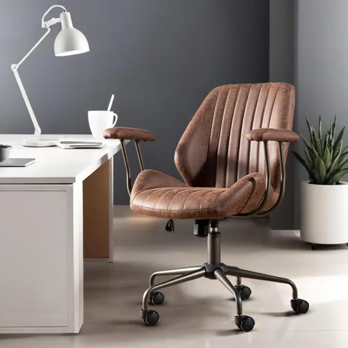 Silla de oficina para el hogar con respaldo medio, silla de escritorio moderna de cuero de mediados de siglo, silla ejecutiva cómoda y giratoria con
