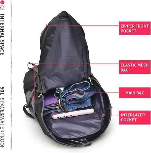 Miniatura 5 de Bseash Mochila de senderismo de 50L, resistente al agua, ligera, mochila de día para deportes al aire libre, bolsa de viaje para camping, escalada