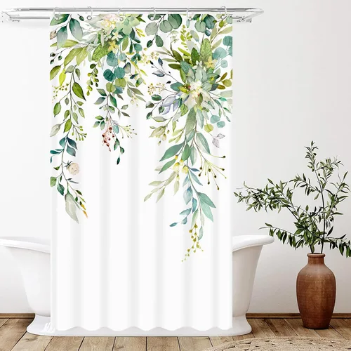 Miniatura 2 de Juego de cortinas de ducha de eucalipto verde en acuarela, flores y hojas, cortinas de ducha para baño, flores botánicas, tela impermeable