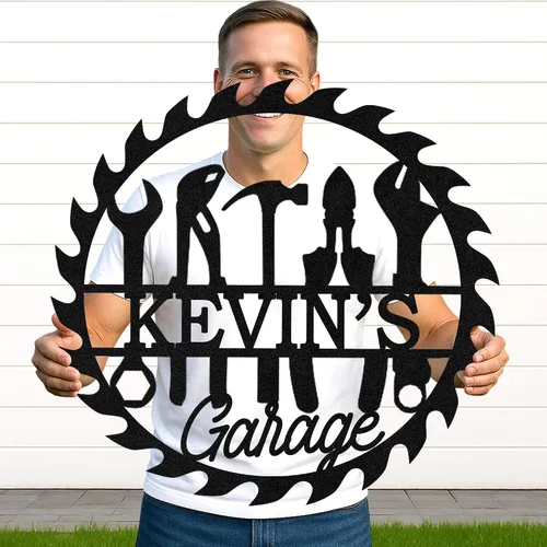 Miniatura 28 de Letrero de metal personalizado para garaje, arte de pared personalizado para hombres, decoración de taller mecánico con nombre, decoración