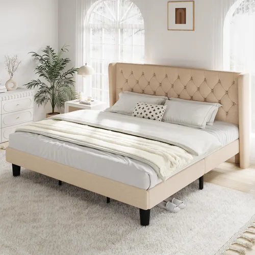 Miniatura 10 de Allewie Base de cama de tamaño matrimonial con cabecera copetuda con botones en la parte trasera, marco de cama tapizado moderno con soporte