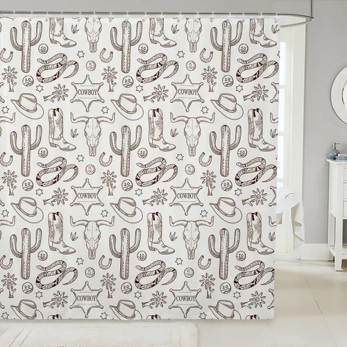 Miniatura 7 de Cortinas de ducha de vaquero occidental, cortinas de baño rústicas para niños, niñas y hombres, cortinas impermeables retro de estilo rústico con 12