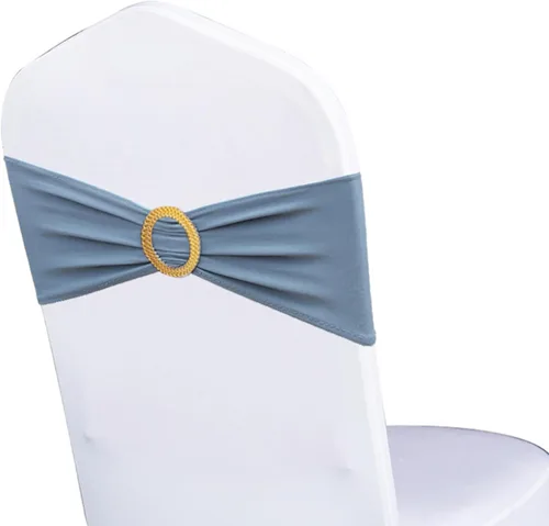 Miniatura 32 de Paquete de 50 bandas elásticas para sillas de bebé azul para boda, bandas elásticas de licra con hebilla deslizante, arcos de sillas de spandex