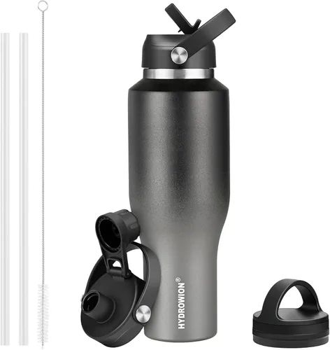 Miniatura 9 de HYDROWION Botella de agua de acero inoxidable, 32 onzas, boca ancha, doble pared, aislada al vacío, con tapa de pajilla, tapa de boquilla y tapa