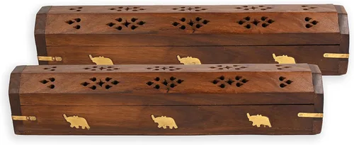 Miniatura 7 de Paquete de 2 soportes para varillas de incienso, estilo ataúd, quemador de incienso de madera con incrustaciones de BUDDHA (NATURAL) hecho a mano