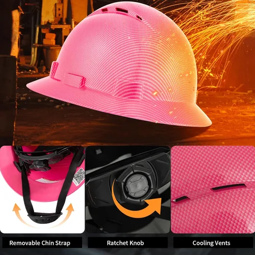 Miniatura 5 de ProtectX - Cascos de construcción de ala completa, ventilados, aprobados por la OSHA, con suspensión de 6 puntos, Cascos de construcción Rosa