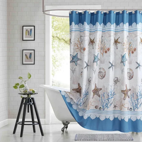 Miniatura 9 de Cortina de ducha náutica, cortina de ducha azul marino y blanca para cubículo de 54 x 72, cortinas de ducha de tela con estampado de ancla y velero