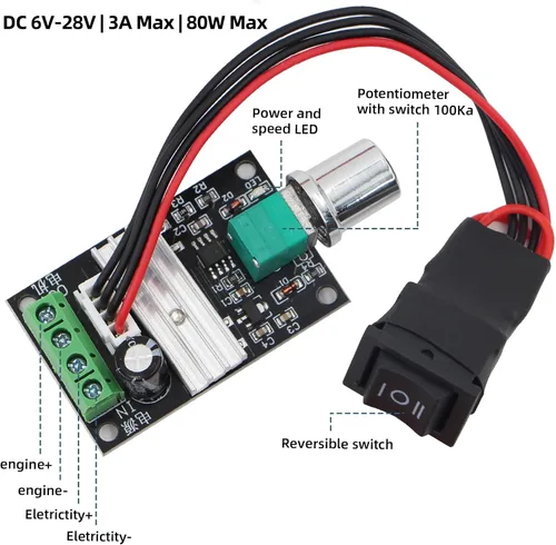 Miniatura 2 de RioRand Pequeño controlador de velocidad de motor PWM DC - para motores de engranajes de bajo voltaje de 6 V, 12 V, 24 V, 28 V, 3 A, 80 W