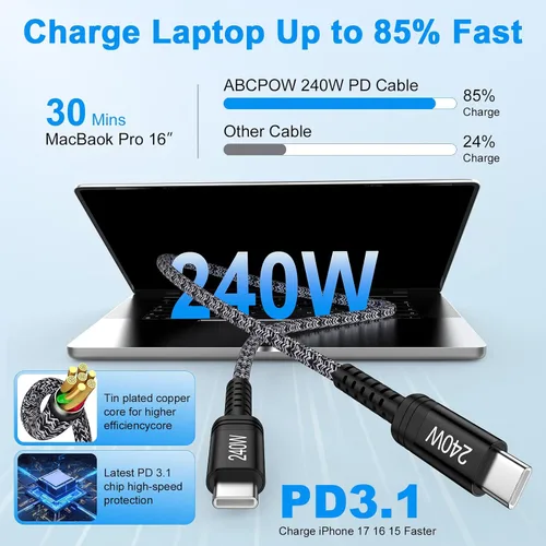 Miniatura 3 de Cable de carga USB C súper rápido para Samsung S26 de 240 W, cable de carga tipo C a tipo C, cable de 6 pies, paquete de 2 para Samsung Galaxy S26
