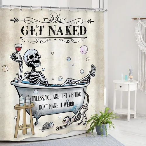 Miniatura 3 de Cortina de Ducha Divertida de Calavera Esqueleto de Halloween 60Wx72H Gótica Espeluznante Única Genial Hueso en Bañera Burbujas Horror Gato Pez