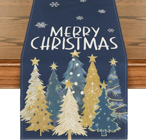 Miniatura 11 de Artoid Mode Camino de Mesa de Feliz Navidad con Árboles de Navidad y Copos de Nieve Rojos 210 GSM, Decoración de Mesa de Comedor de Cocina