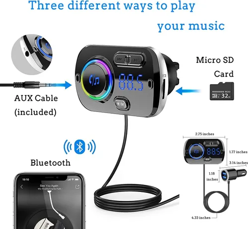 Miniatura 7 de Transmisor FM Bluetooth 5.0 manos libres kit de coche con carga rápida QC 3.0 adaptador de radio de coche con micrófono CVC reducción de ruido