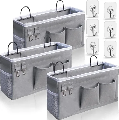Miniatura 7 de Kanrichu 2 bolsas organizadoras grandes para colgar en la pared, cestas de almacenamiento colgantes de tela de lino con bolsillos, contenedor