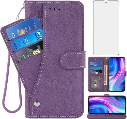Asuwish Compatible con Xiaomi Redmi Note 8 Pro Wallet Case y protector de pantalla de vidrio templado, soporte para tarjeta de crédito, soporte para
