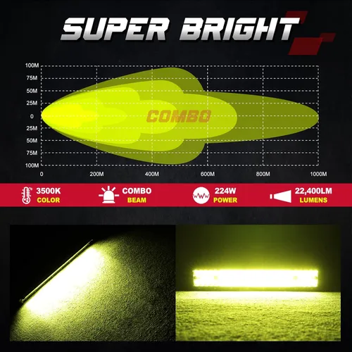 Miniatura 5 de Barra de luz LED amarilla, Offroadtown de 15" 224W, cuatro filas, combo de foco y reflector, luz LED de conducción para trabajo, luces amarillas
