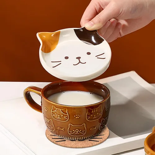 Miniatura 9 de BigNoseDeer 2 tazas lindas de cerámica Kawaii con gato, taza de café con tapa, tazas de té y platillos para postre, regalos lindos para amantes