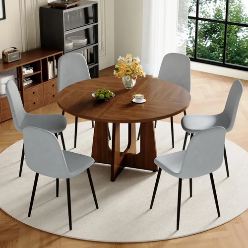 Miniatura 13 de Juego de mesa de comedor redonda de 47 pulgadas para 4, mesa de grano de madera de nogal y 4 sillas tapizadas de piel sintética negra, juego de mesa