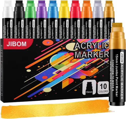 Marcadores de pintura acrílica jumbo de 10 colores (2 metálicos), punta de fieltro extra grande de 0.59 pulgadas, bolígrafos de pintura gruesa para