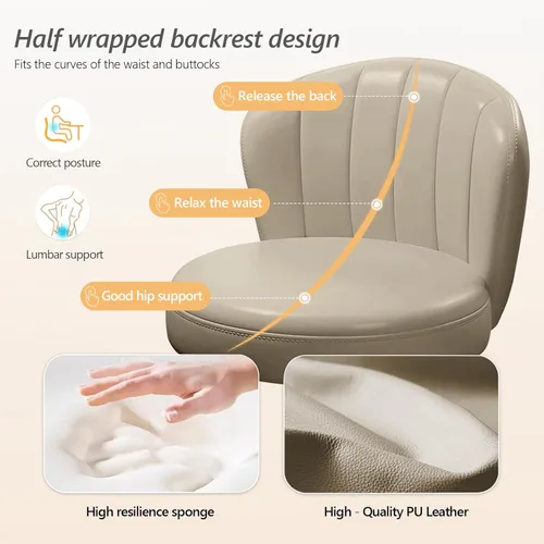 Miniatura 5 de Silla de escritorio pequeña festoneada con respaldo, bonita silla de tocador enrollable sin brazos con piel sintética, cómodas sillas de oficina Gris