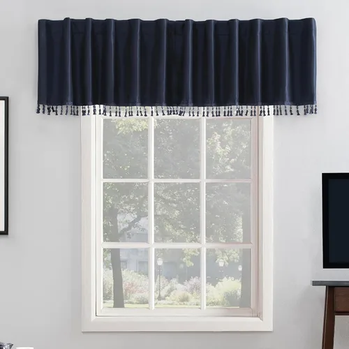 Miniatura 21 de Sun Zero Greyson - Valance de cortina con pestaña trasera de seda de dupioni de imitación con borlas de cuentas y aislamiento térmico total opaco