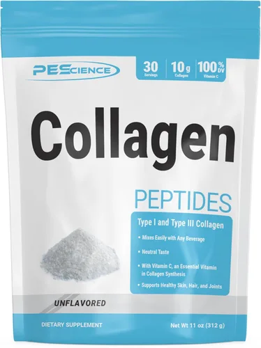 PEScience Polvo de péptidos de colágeno, proteína de colágeno hidrolizada tipo I y tipo III con vitamina C, bovino, apoya el cabello, la piel y las