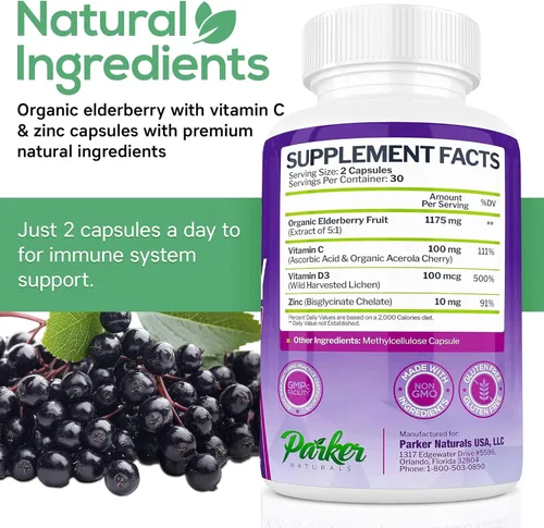 Miniatura 6 de Parker Naturals Cápsulas orgánicas de saúco, 4 vías de refuerzo inmunológico de saúco, vitaminas C, D y zinc, 1260.1 mg suplementos de saúco