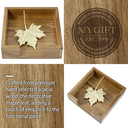 Miniatura 2 de MyGift Servilletero de mesa de madera de acacia de alta calidad, dispensador de servilletas cuadrado rústico con brazo decorativo de hoja de arce