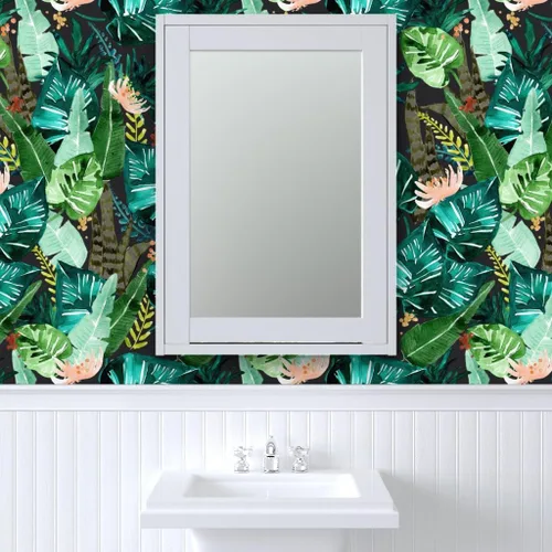 Miniatura 9 de Spoonflower Papel tapiz para despegar y pegar, hojas oscuras tropicales, hojas de plátano, selva, palma, verde, papel tapiz extraíble personalizado