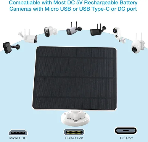 Miniatura 4 de Panel solar para cámara de seguridad, panel solar USB de 5 W para cámaras de CC 5 V, cargador de panel solar para cámara, micro USB, USB-C y CC